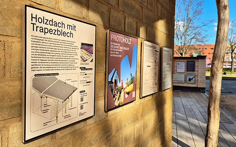 outdoor ausstellung nachhaltig holz folierung plattendruck